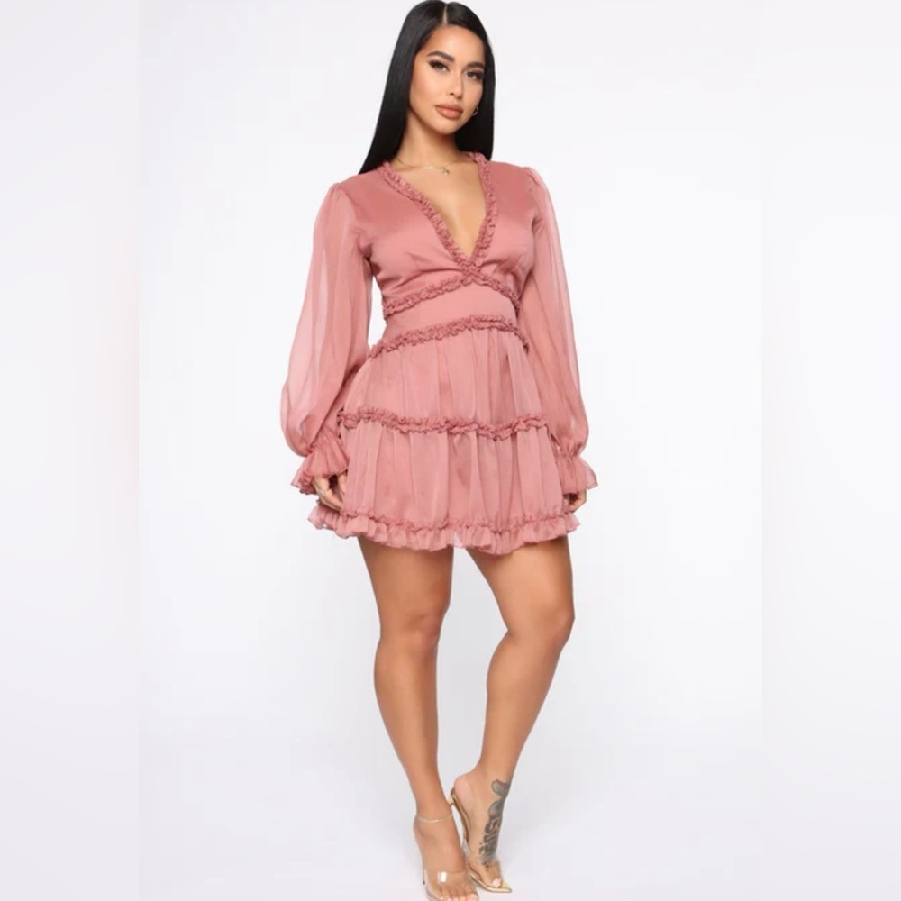 NWT The Vintage Shop Pink Ruffle Long Sleeve Open Back Mini Dress Sz S
